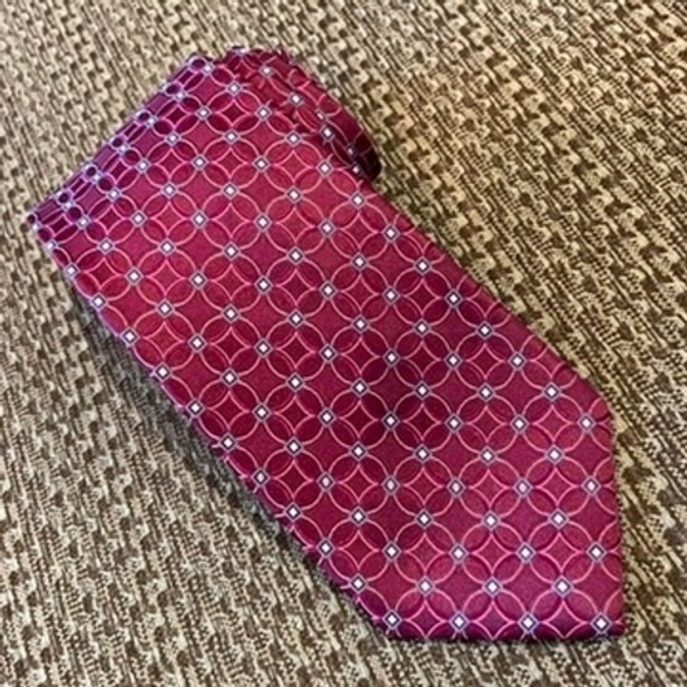 Nordstrom Mens Shop Silk Tie Burgundy‎ Blue Geometric Circles Squares 3.375x59